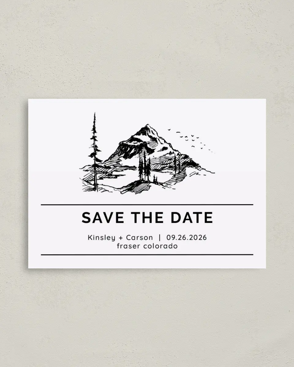 This is a 4" x 5.6" Save the Date Postcard called Mountain Romance printed in full color on Soft Touch Finish paper