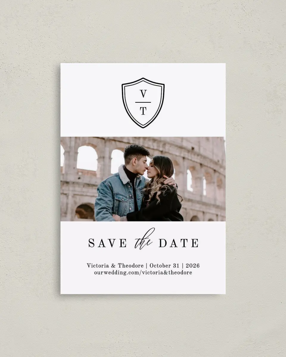 This is a 4" x 5.6" Save the Date Postcard called Shield of Love printed in full color on Soft Touch Finish paper