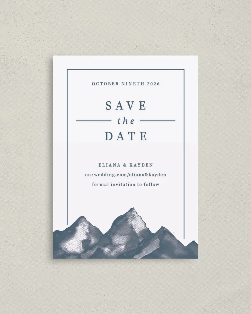 This is a 4" x 5.6" Save the Date Postcard called Perfect Peak printed in full color on Soft Touch Finish paper