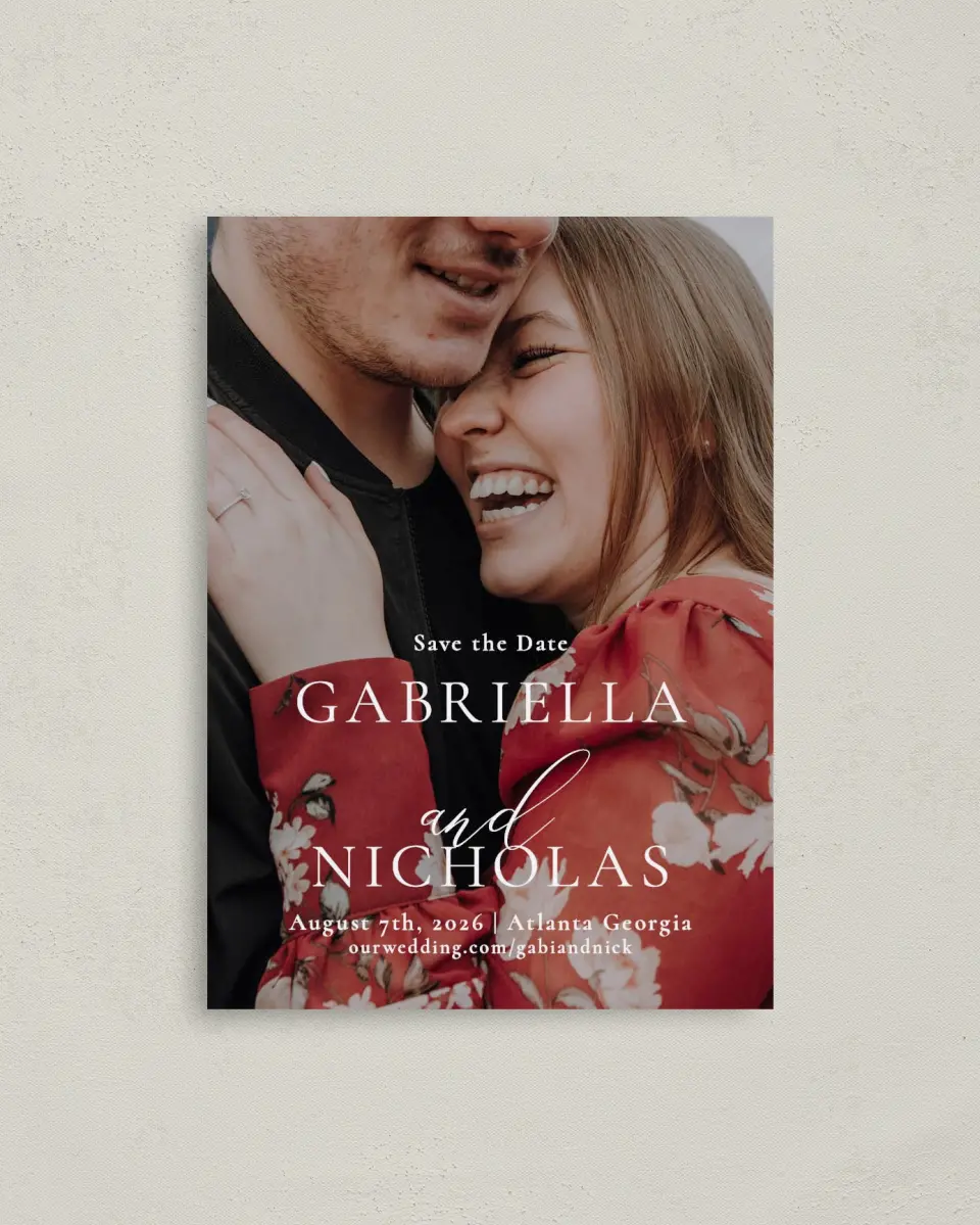 This is a 4" x 5.6" Save the Date Postcard called Minimalist Type printed in full color on Soft Touch Finish paper