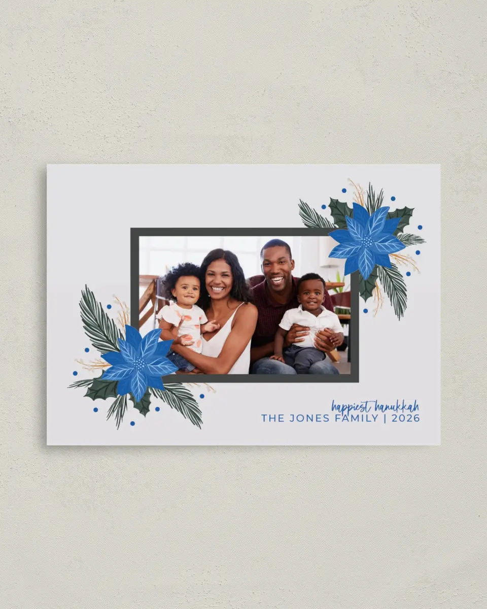 This is a 4" x 5.6" Hanukkah Card called Hanukkah Blooms printed in full color on Premium Smooth paper
