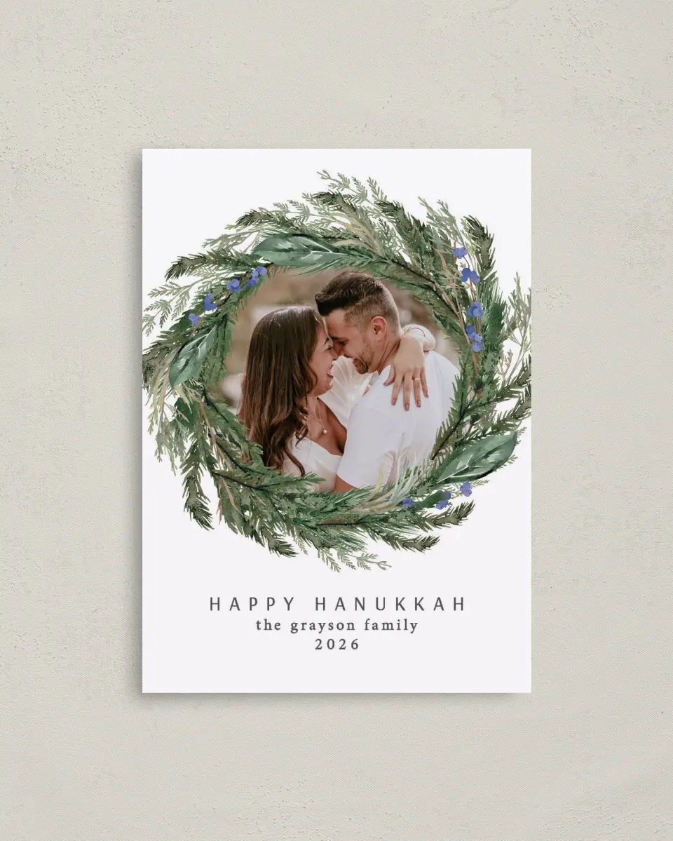 This is a 4" x 5.6" Hanukkah Card called Wondrous Wreath printed in full color on Premium Smooth paper