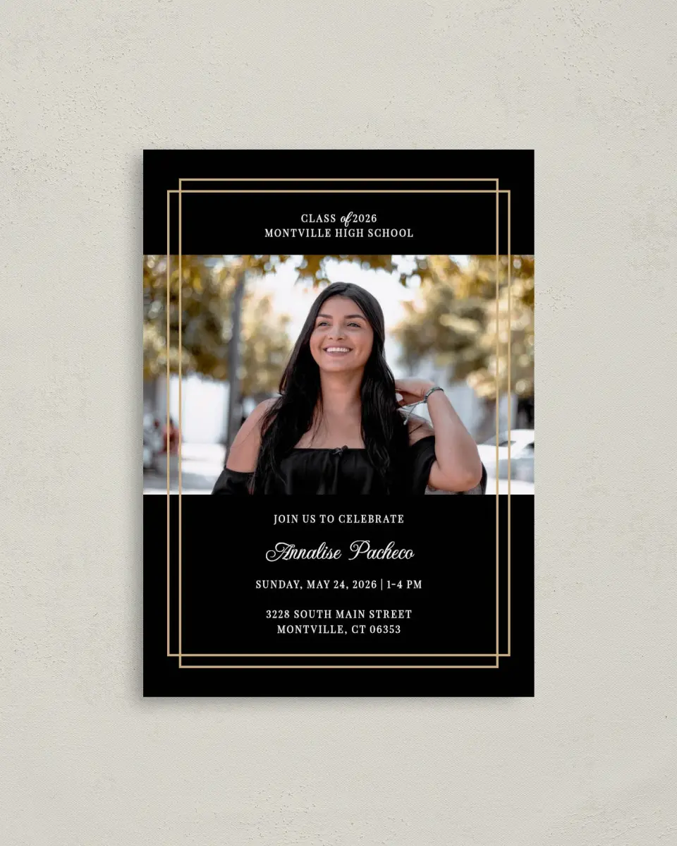 This is a 4" x 5.6" Graduation Announcement Postcard called Commencement Chic printed in full color on Soft Touch Finish paper