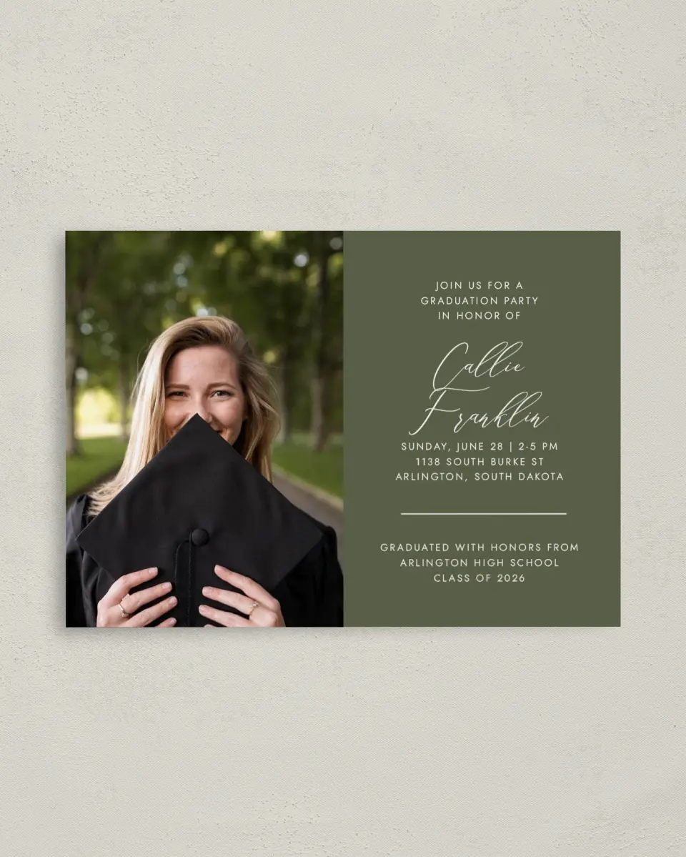 This is a 4" x 5.6" Graduation Announcement Postcard called Formal Degree printed in full color on Soft Touch Finish paper