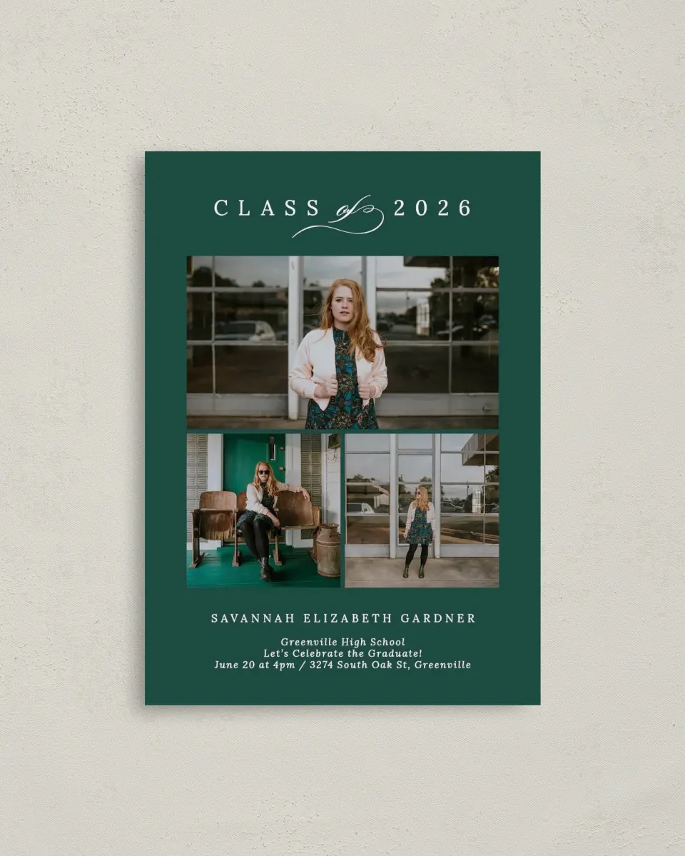 This is a 4" x 5.6" Graduation Announcement Postcard called Celebrated Day printed in full color on Soft Touch Finish paper