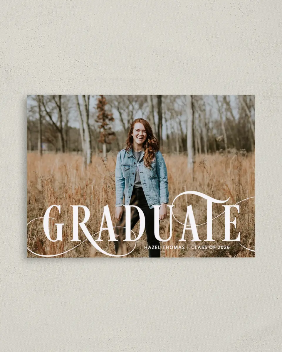 This is a 4" x 5.6" Graduation Announcement Postcard called Candid Grad printed in full color on Soft Touch Finish paper