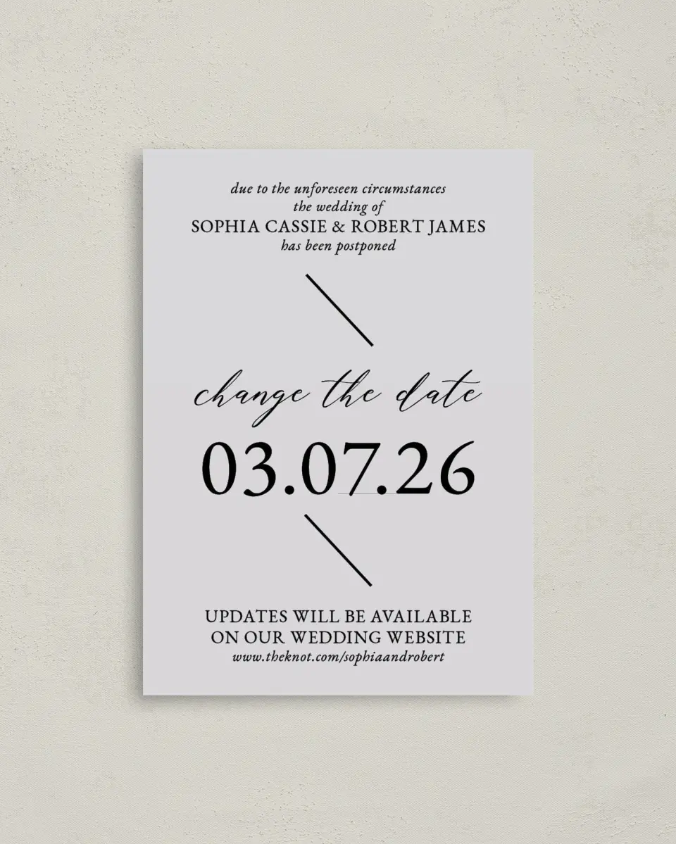 This is a 4" x 5.6" Change the Date Postcard called Wedding Update printed in full color on Soft Touch Finish paper