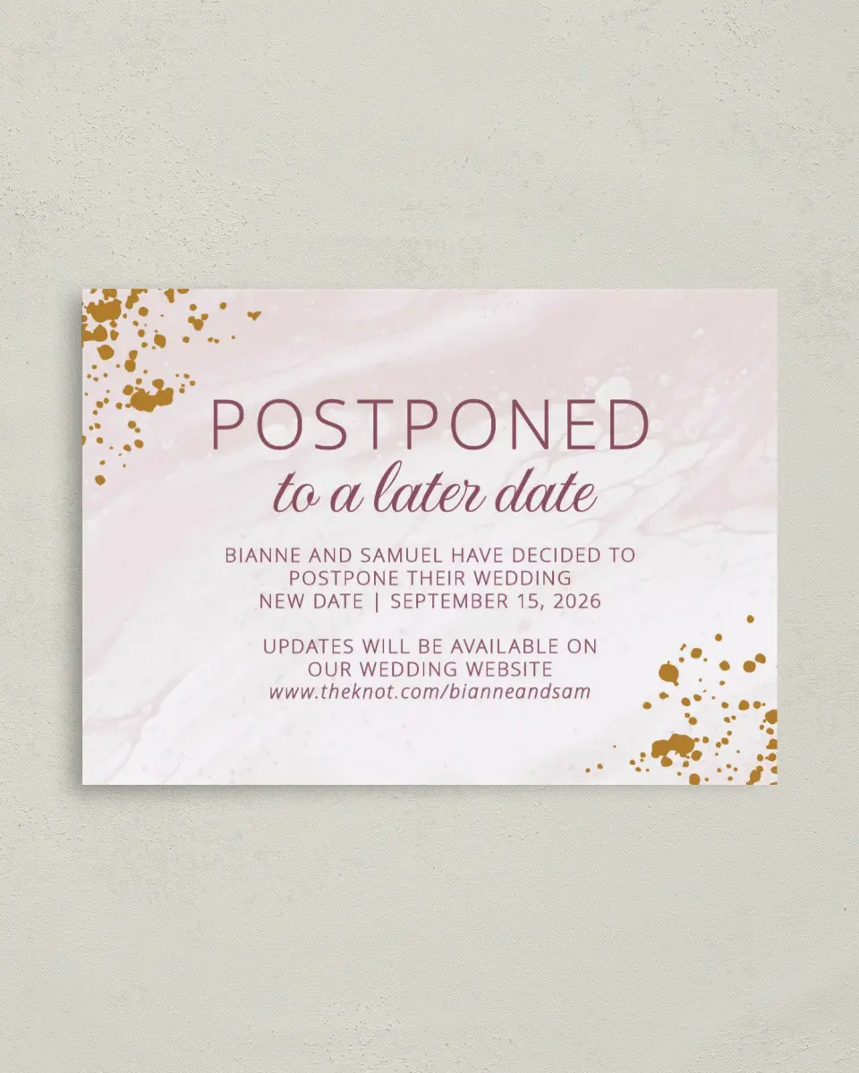 This is a 4" x 5.6" Change the Date Postcard called Postponed printed in full color on Soft Touch Finish paper