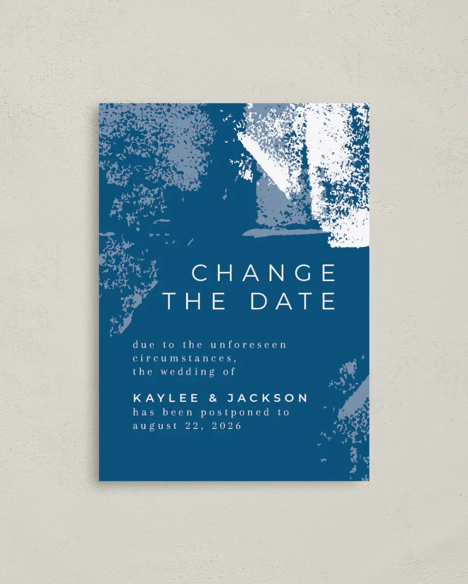 This is a 4" x 5.6" Change the Date Postcard called Our New Date printed in full color on Soft Touch Finish paper