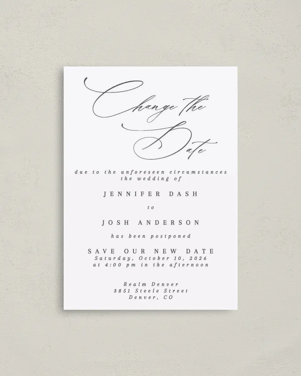 This is a 4" x 5.6" Change the Date Postcard called Elegant Change printed in full color on Soft Touch Finish paper