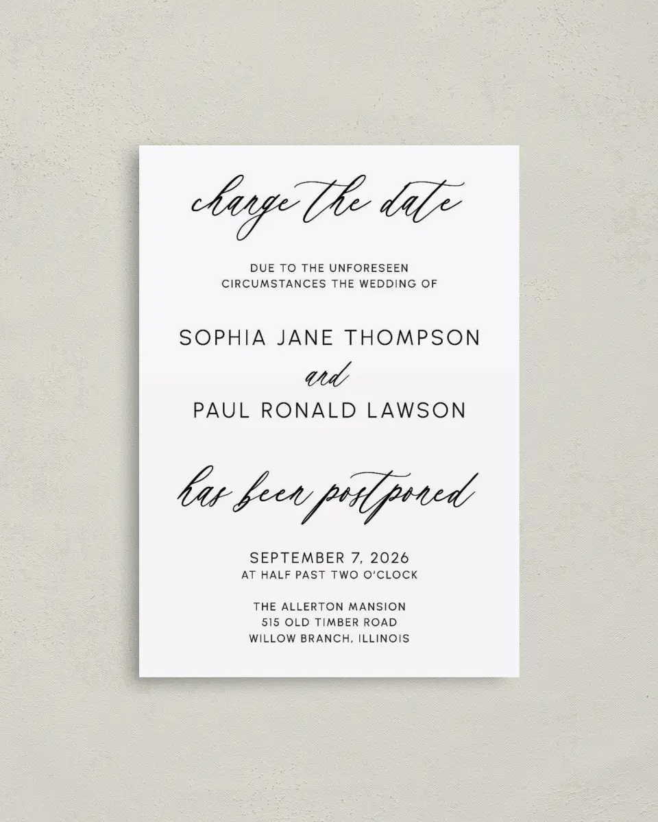 This is a 4" x 5.6" Change the Date Postcard called Postponement printed in full color on Soft Touch Finish paper