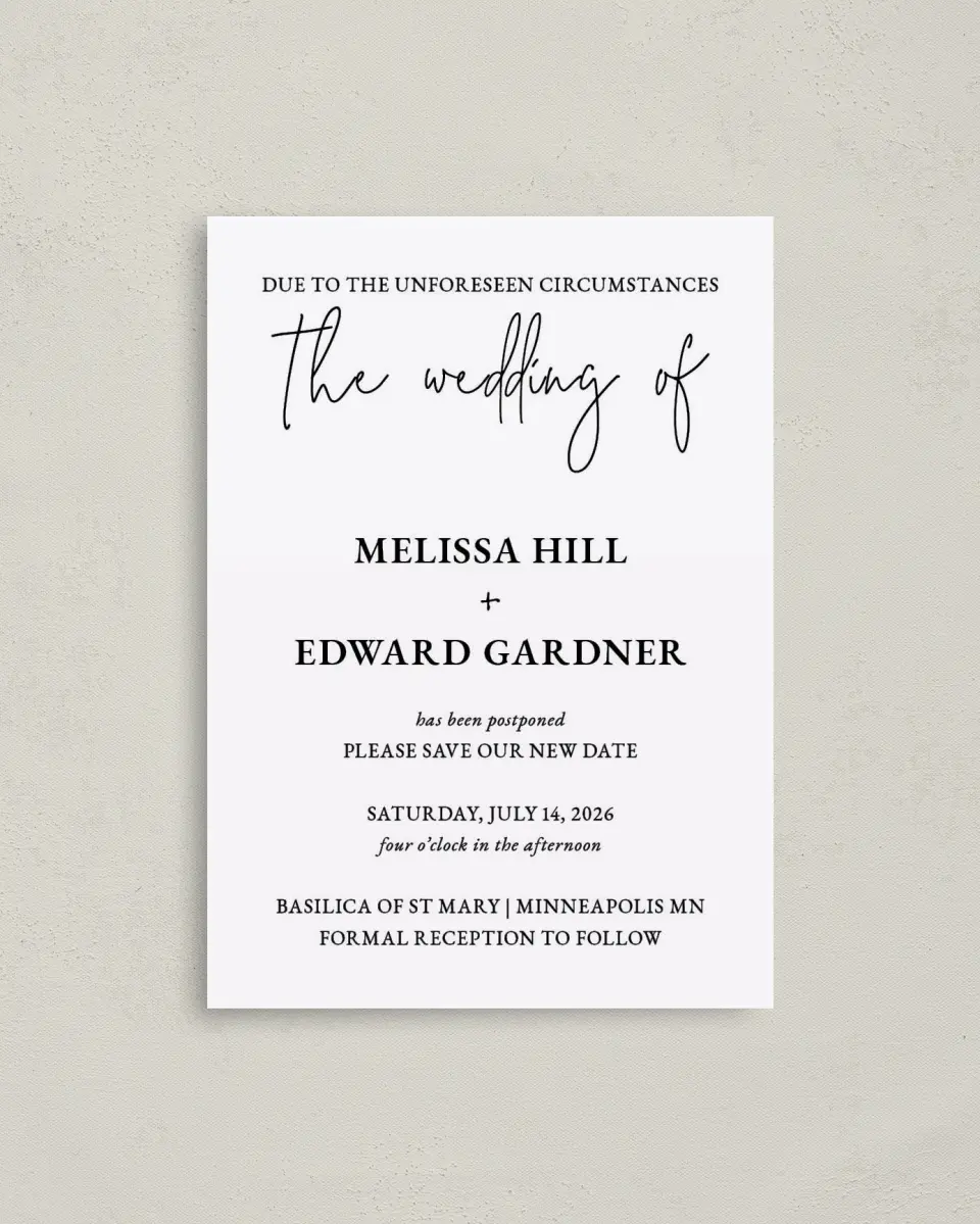 This is a 4" x 5.6" Change the Date Postcard called Simply Postponed printed in full color on Soft Touch Finish paper
