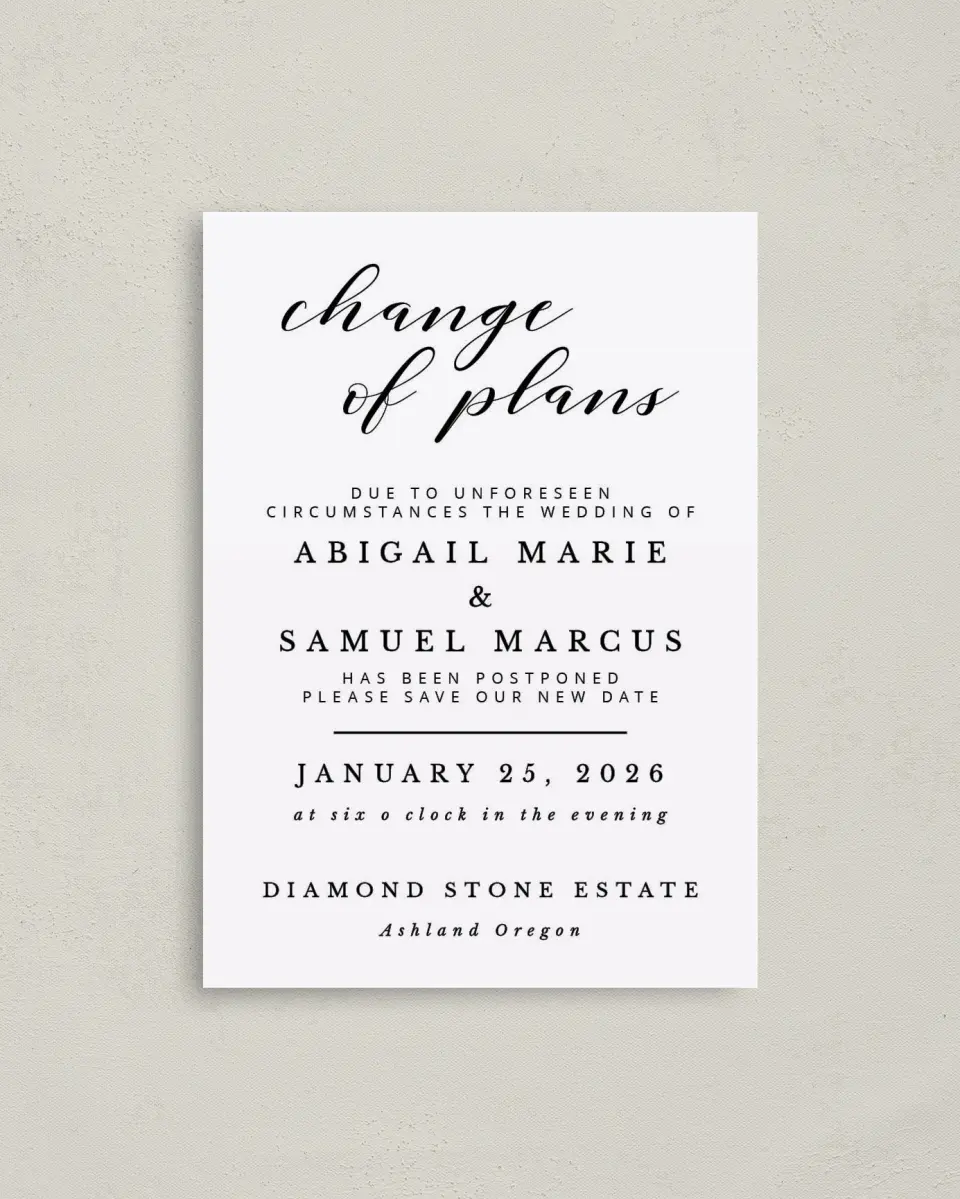 This is a 4" x 5.6" Change the Date Postcard called Postponed Our Wedding printed in full color on Soft Touch Finish paper