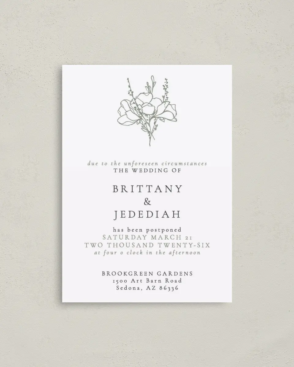 This is a 4" x 5.6" Change the Date Postcard called Resave the Date printed in full color on Soft Touch Finish paper