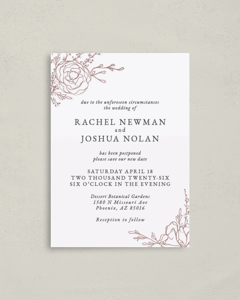 This is a 4" x 5.6" Change the Date Postcard called Save the Date Again printed in full color on Soft Touch Finish paper