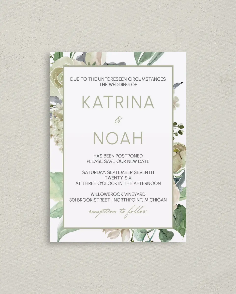 This is a 4" x 5.6" Change the Date Postcard called New Date printed in full color on Soft Touch Finish paper