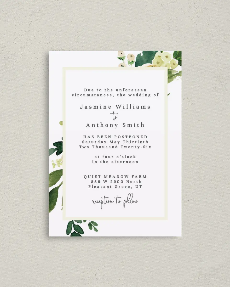 This is a 4" x 5.6" Change the Date Postcard called Simple Change printed in full color on Soft Touch Finish paper