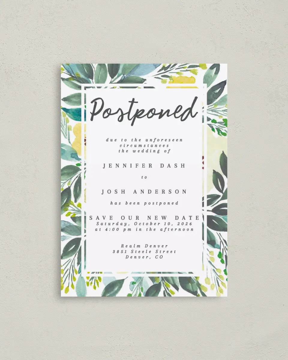 This is a 4" x 5.6" Change the Date Postcard called Delayed Vow printed in full color on Soft Touch Finish paper