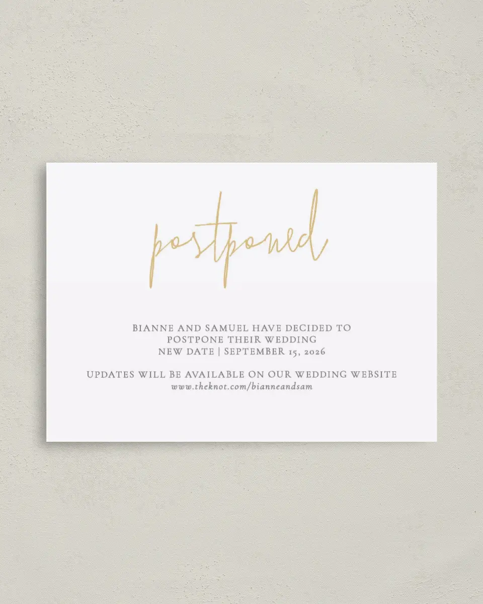 This is a 4" x 5.6" Change the Date Postcard called A Later Date printed in full color on Soft Touch Finish paper