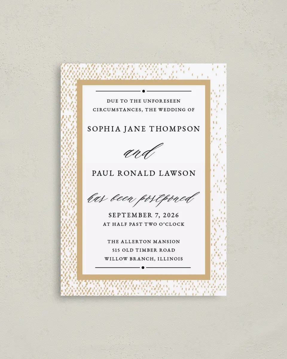 This is a 4" x 5.6" Change the Date Postcard called Stately Postponement printed in full color on Soft Touch Finish paper