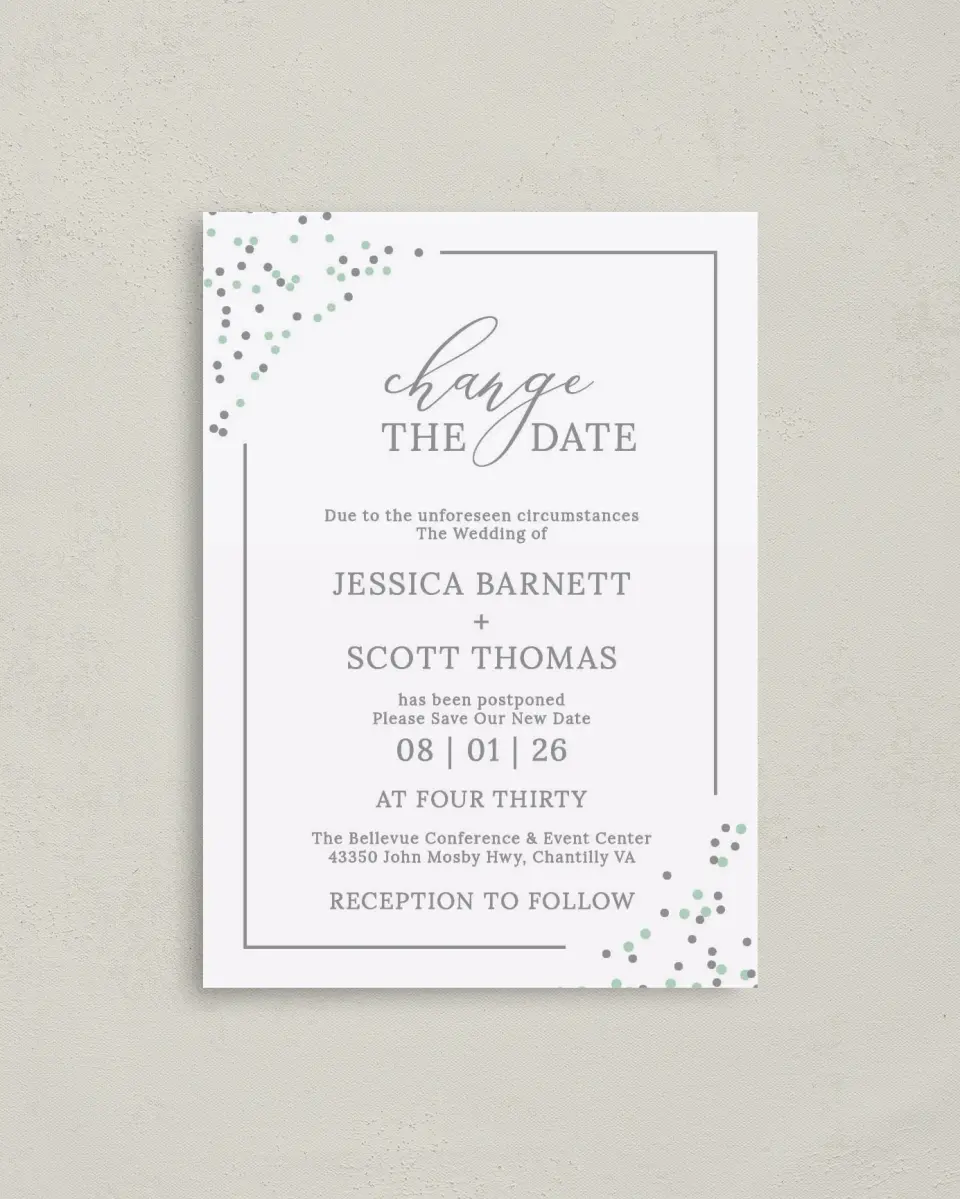 This is a 4" x 5.6" Change the Date Postcard called Postponement Sprinkles printed in full color on Soft Touch Finish paper