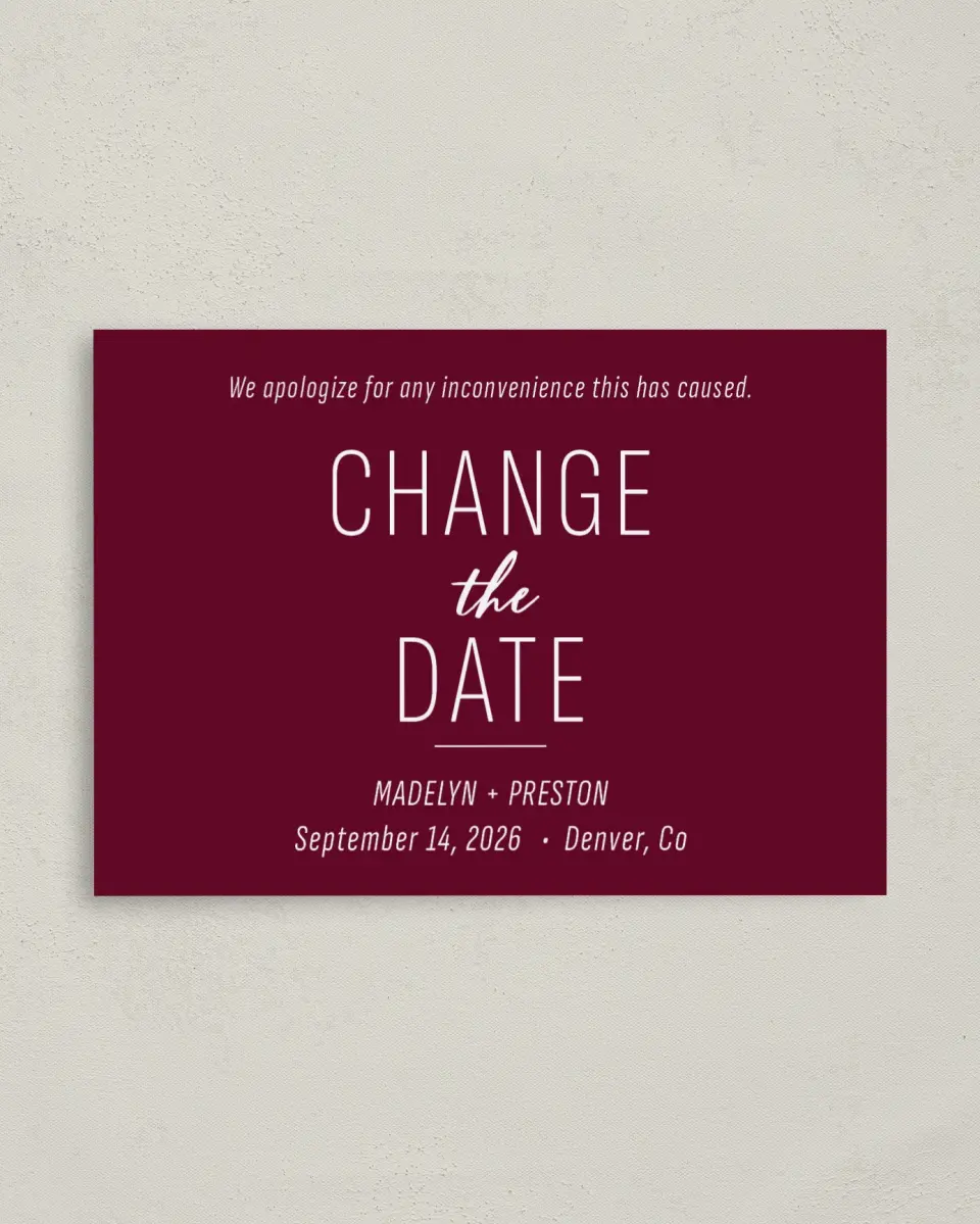 This is a 4" x 5.6" Change the Date Postcard called Romantic Change printed in full color on Soft Touch Finish paper
