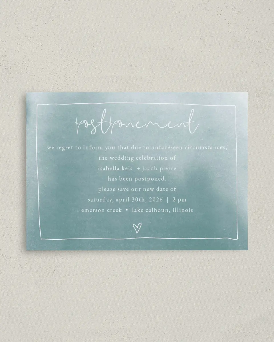This is a 4" x 5.6" Change the Date Postcard called Hearts Postponed printed in full color on Soft Touch Finish paper