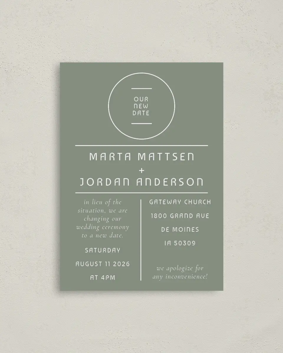 This is a 4" x 5.6" Change the Date Postcard called Classic Postponement printed in full color on Soft Touch Finish paper