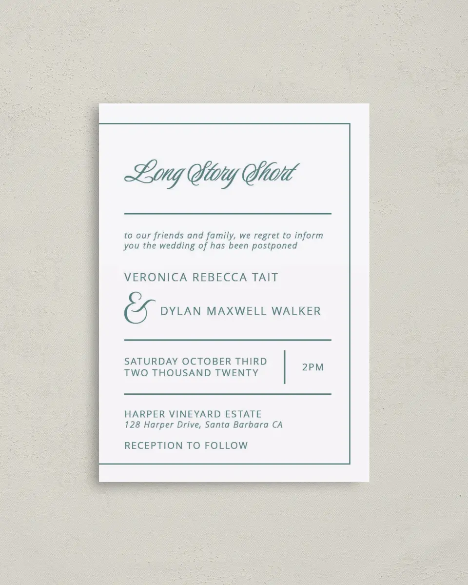 This is a 4" x 5.6" Change the Date Postcard called Long Story Short printed in full color on Soft Touch Finish paper