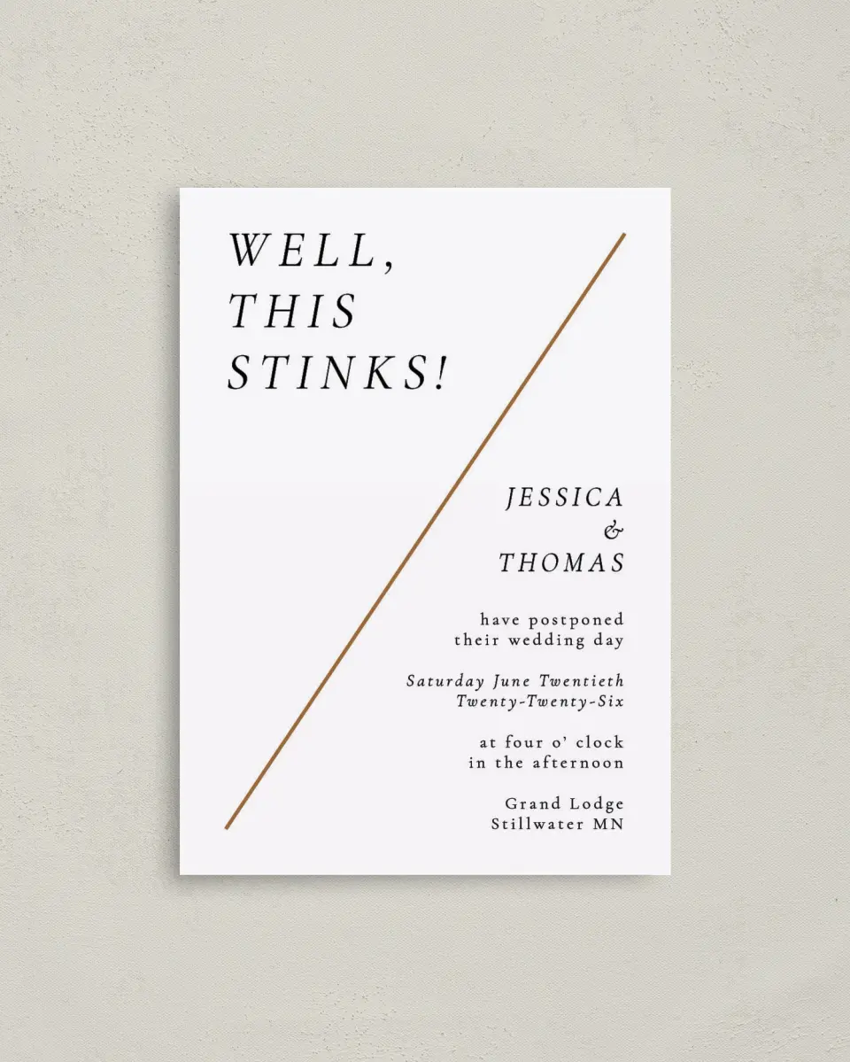 This is a 4" x 5.6" Change the Date Postcard called Well, This Stinks printed in full color on Soft Touch Finish paper