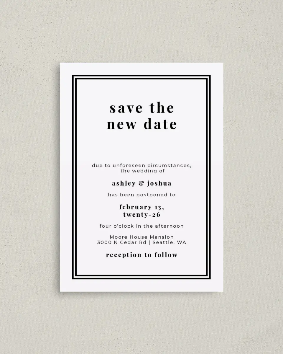 This is a 4" x 5.6" Change the Date Postcard called Formal Change printed in full color on Soft Touch Finish paper