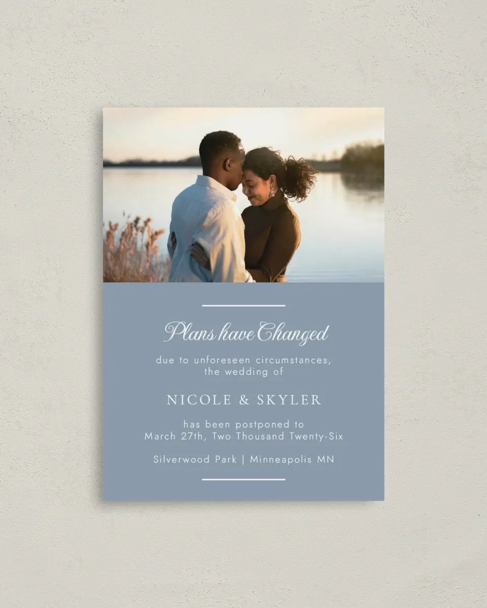 This is a 4" x 5.6" Change the Date Postcard called Plans have Changed printed in full color on Soft Touch Finish paper