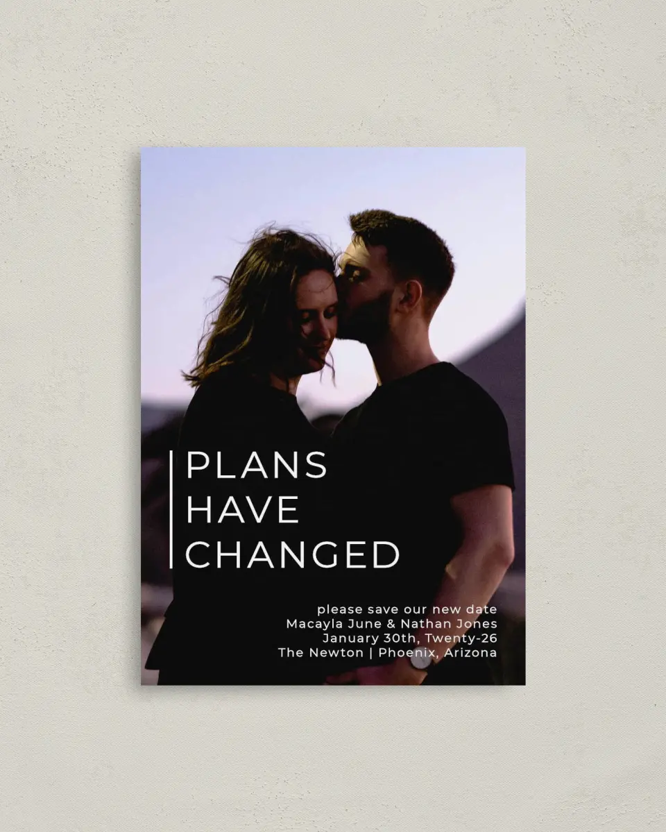 This is a 4" x 5.6" Change the Date Postcard called Bold Change printed in full color on Soft Touch Finish paper