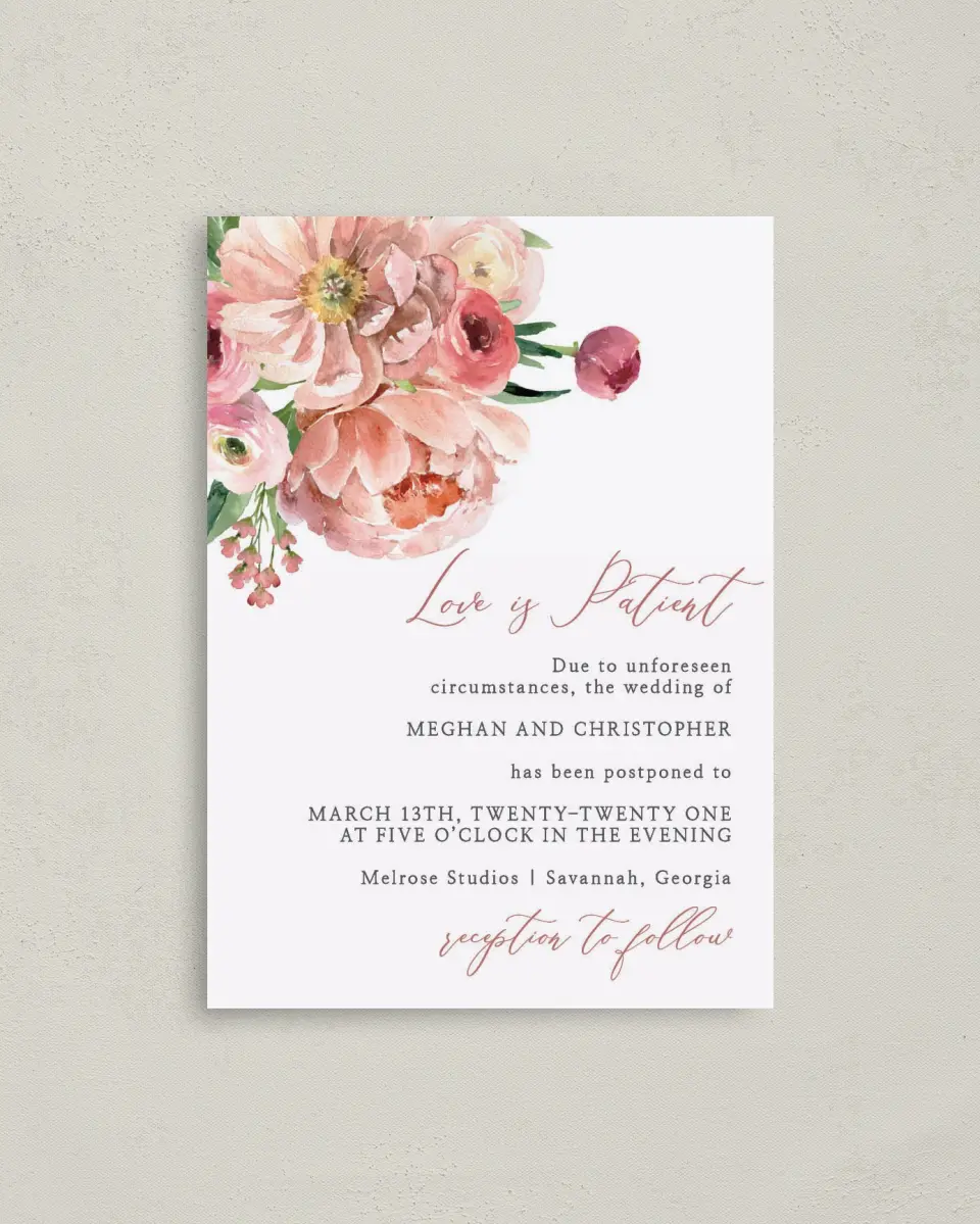 This is a 4" x 5.6" Change the Date Postcard called Blooming Patience printed in full color on Soft Touch Finish paper