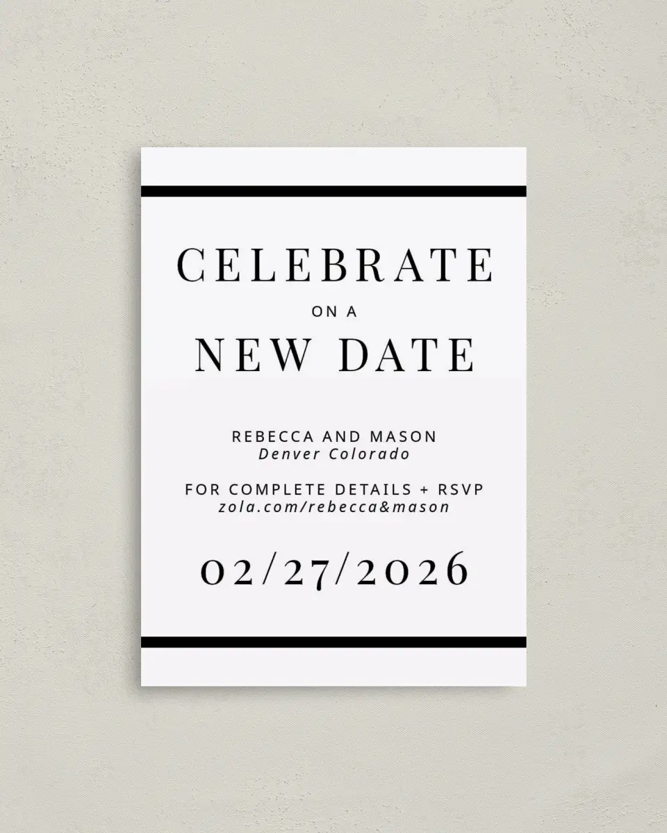 This is a 4" x 5.6" Change the Date Postcard called Celebrate on a New Date printed in full color on Soft Touch Finish paper