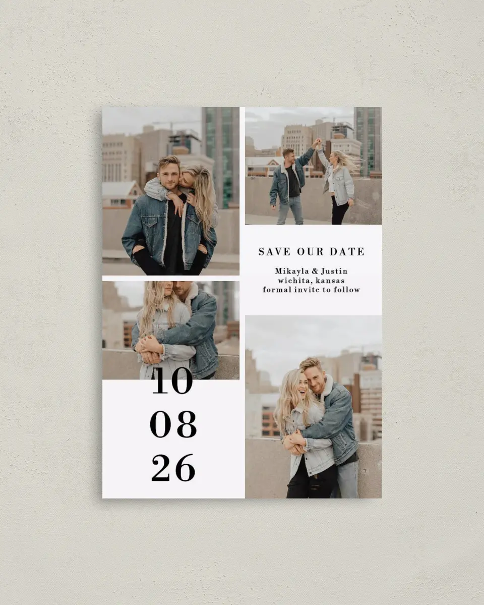 This is a 4" x 5.6" Save the Date Postcard called Stacked Devotion printed in full color on Soft Touch Finish paper
