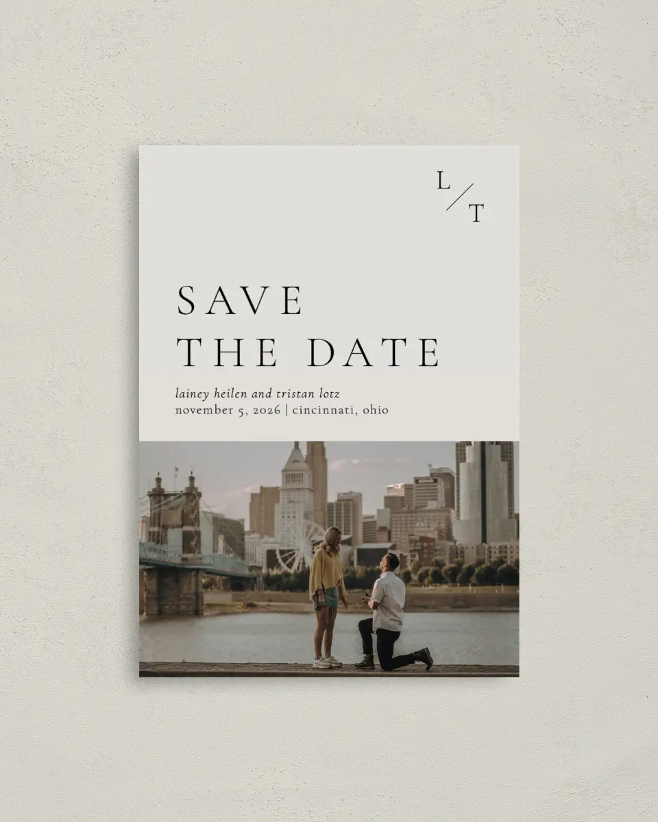 This is a 4" x 5.6" Save the Date Postcard called Together Always printed in full color with Rose Gold foil on Soft Touch Finish paper
