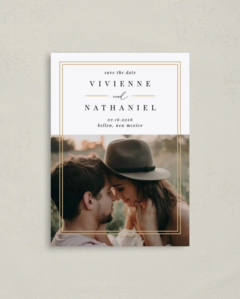 This is a 4" x 5.6" Save the Date Postcard called Delicate Frame printed in full color on Soft Touch Finish paper
