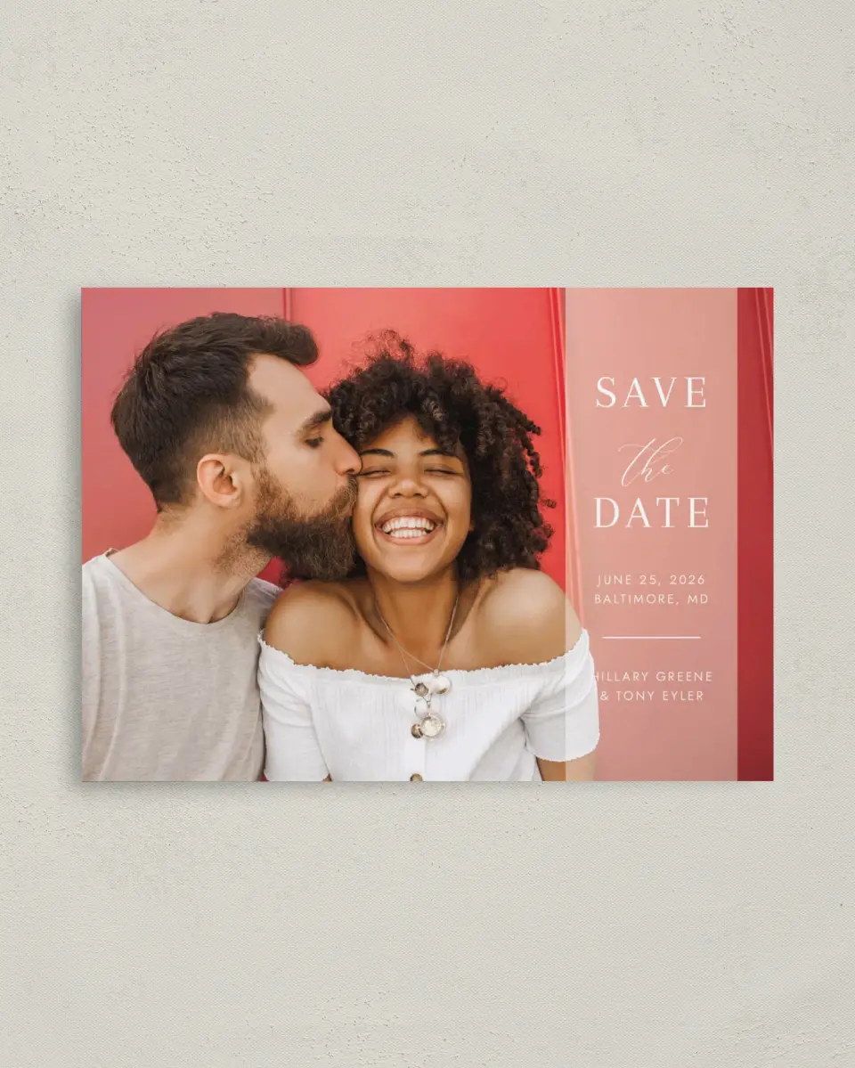 This is a 4" x 5.6" Save the Date Postcard called Side Note printed in full color on Soft Touch Finish paper