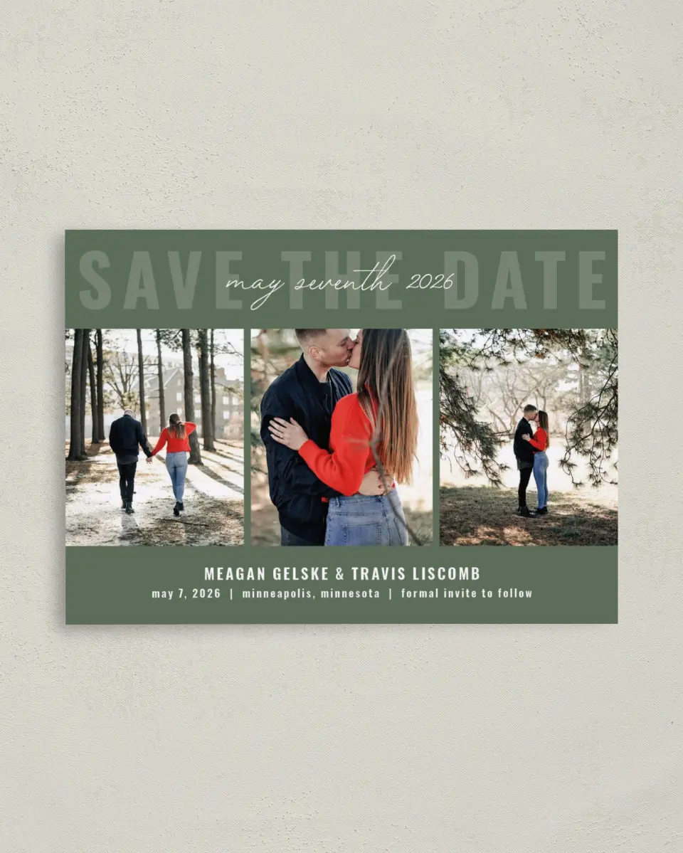 This is a 4" x 5.6" Save the Date Postcard called Bold Trio printed in full color on Soft Touch Finish paper