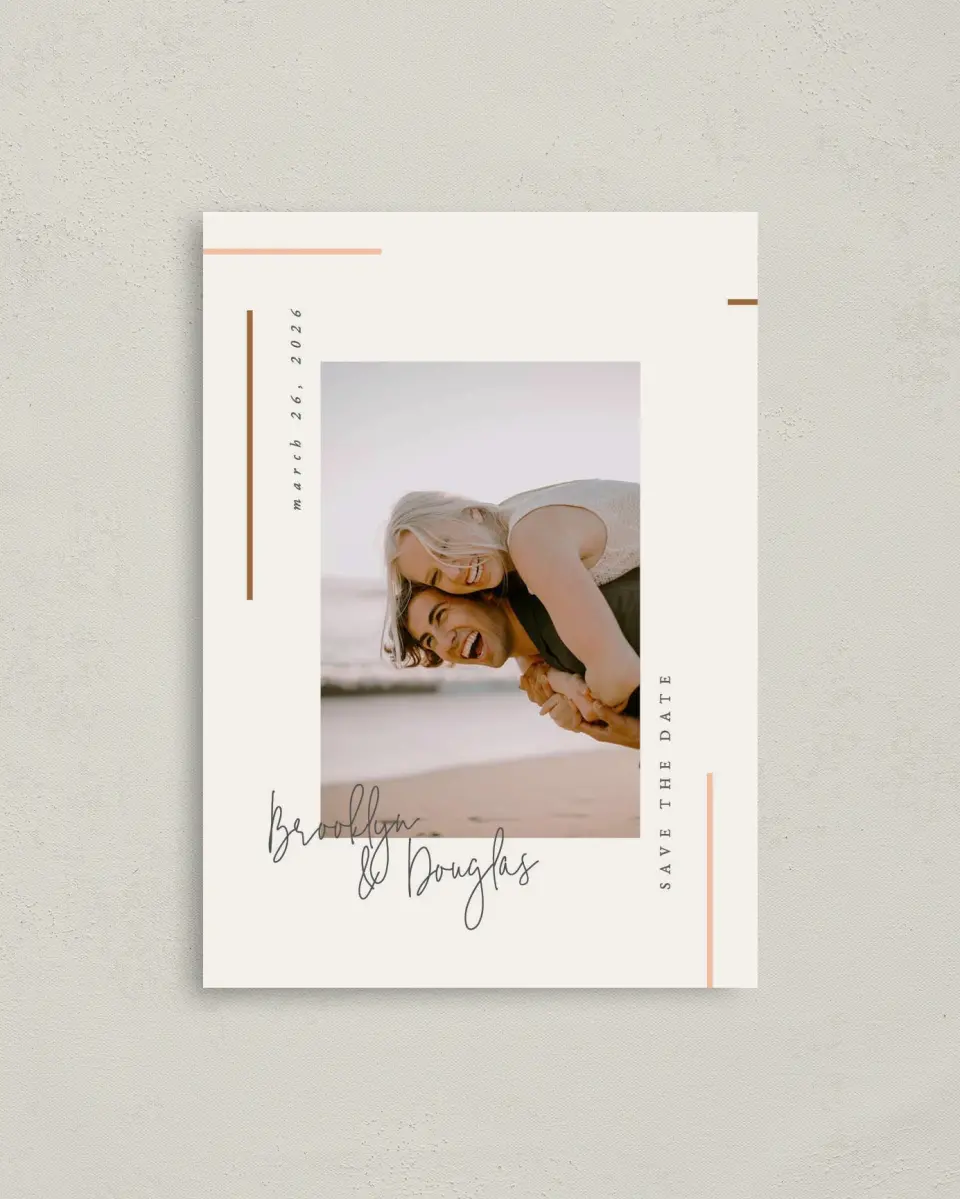 This is a 4" x 5.6" Save the Date Postcard called Playful Script printed in full color with Rose Gold foil on Soft Touch Finish paper