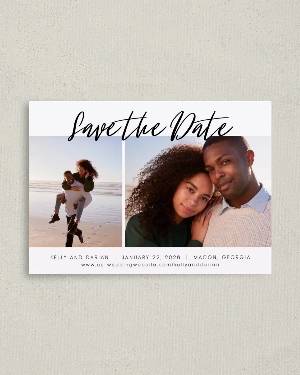 This is a 4" x 5.6" Save the Date Postcard called Dreamy Duo printed in full color on Soft Touch Finish paper