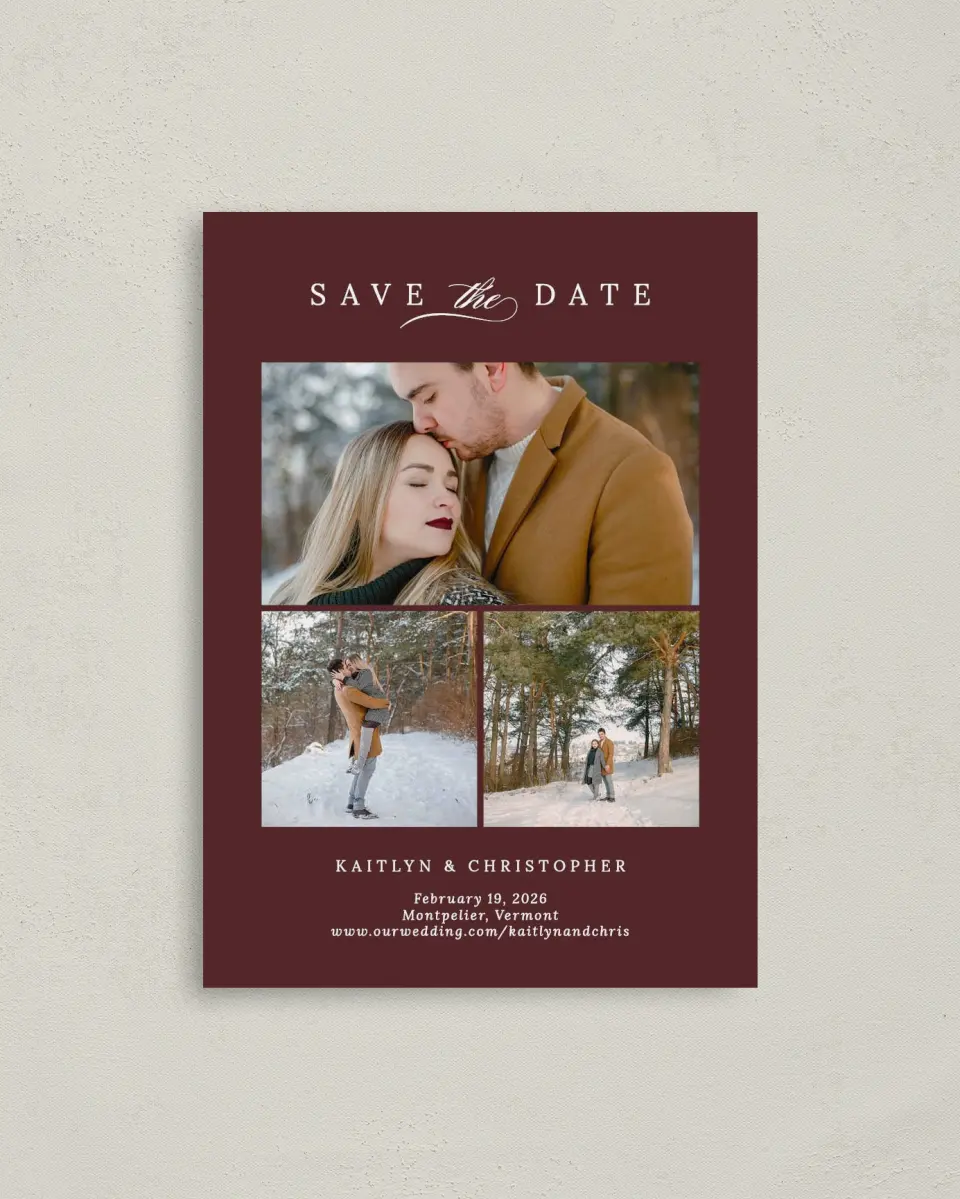 This is a 4" x 5.6" Save the Date Postcard called Enchanted Bliss printed in full color on Soft Touch Finish paper