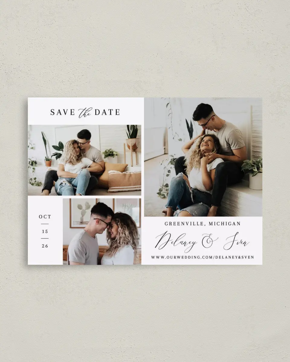 This is a 4" x 5.6" Save the Date Postcard called Chic Celebration printed in full color on Soft Touch Finish paper