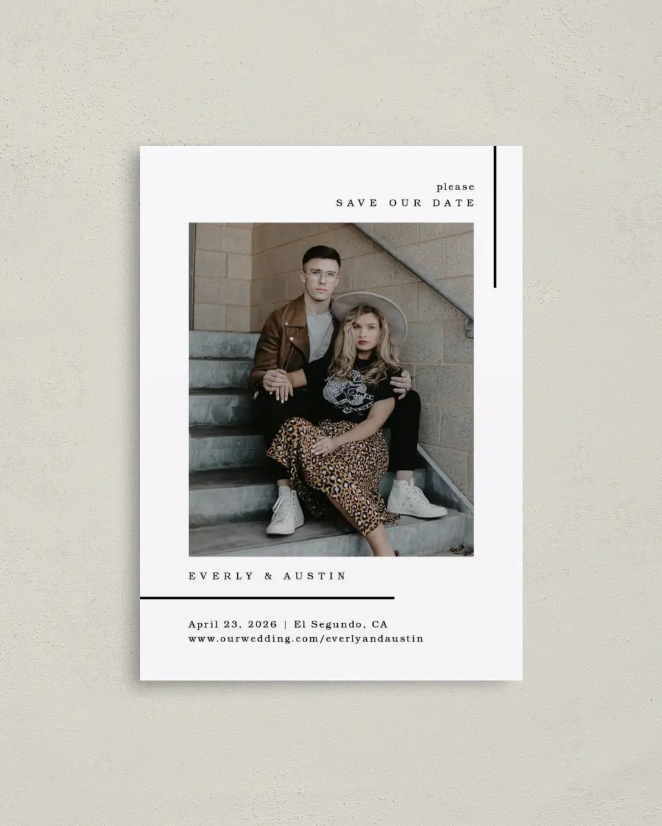 This is a 4" x 5.6" Save the Date Postcard called Mod Lines printed in full color with Rose Gold foil on Soft Touch Finish paper