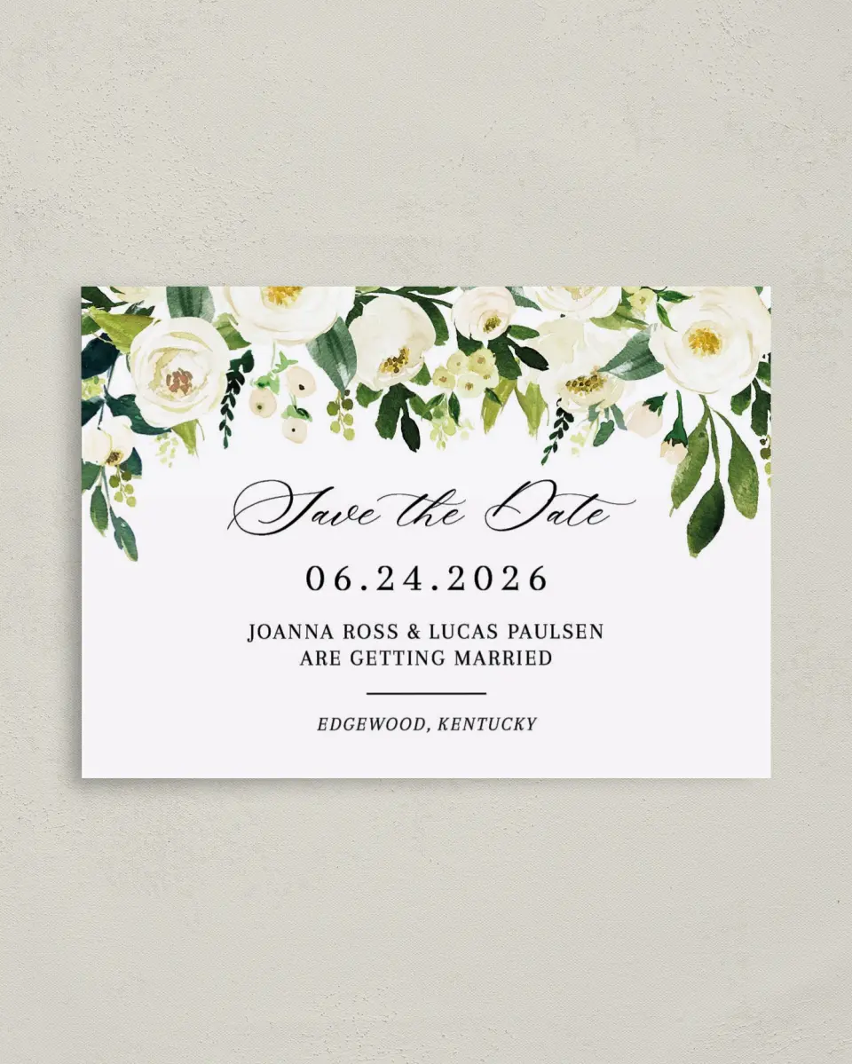 This is a 4" x 5.6" Save the Date Postcard called Elegant Garden printed in full color on Soft Touch Finish paper