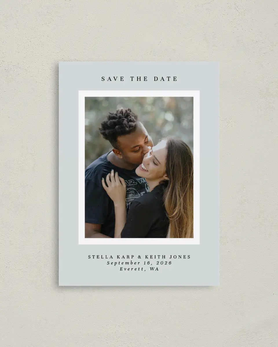 This is a 4" x 5.6" Save the Date Postcard called Simple Portrait printed in full color on Soft Touch Finish paper