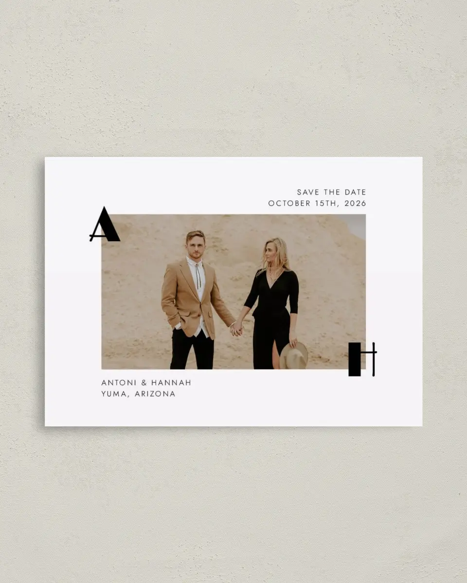 This is a 4" x 5.6" Save the Date Postcard called Modern Initial printed in full color on Soft Touch Finish paper