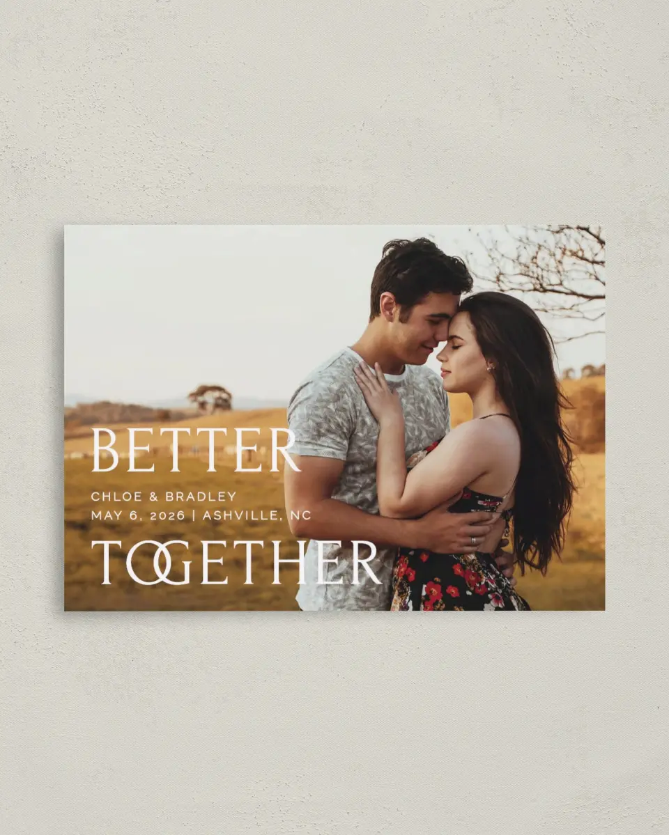 This is a 4" x 5.6" Save the Date Postcard called Joined Together printed in full color on Soft Touch Finish paper