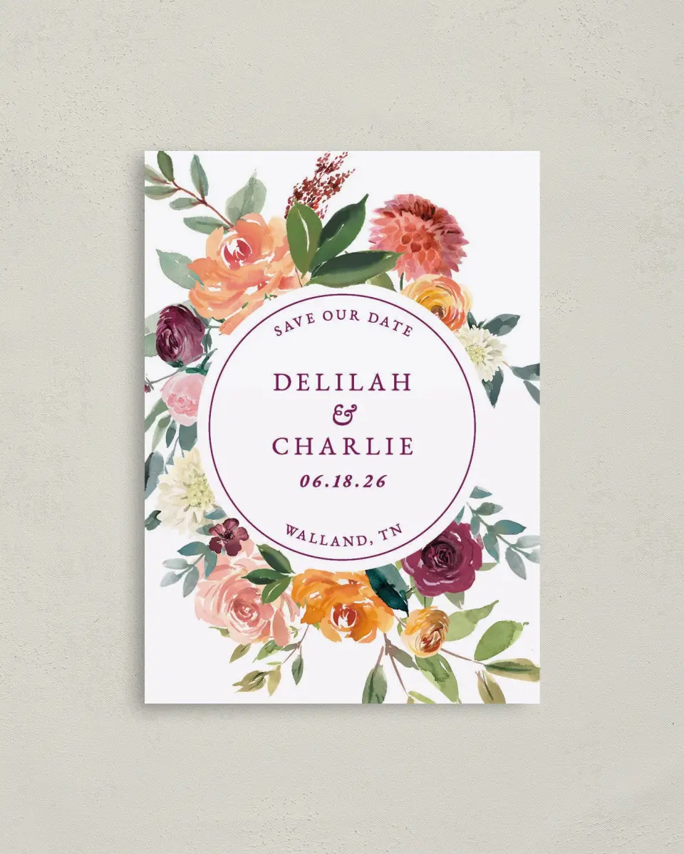 This is a 4" x 5.6" Save the Date Postcard called Floral Ring printed in full color with Rose Gold foil on Soft Touch Finish paper